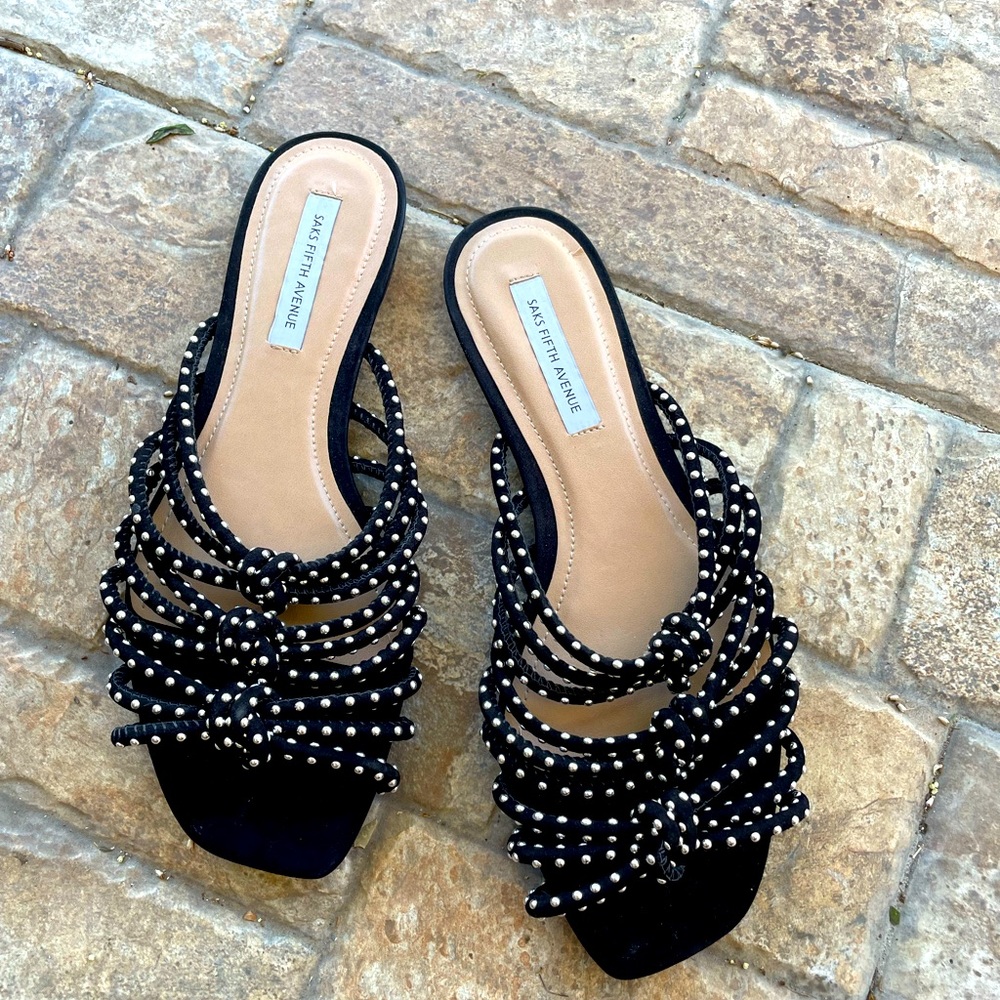 Sacks Fifth Avenue black and silver slide sandals size 8